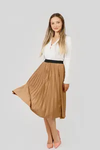 Fusta plisata camel din piele intoarsa sintetica cu elastic in talie
