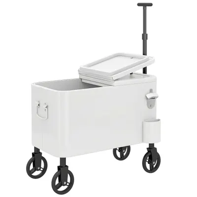 Outsunny Cărucior răcitor 56L cu roți mâner reglabil deschizător colector capace drenaj și mâner 75x35x120 cm Alb | Aosom Romania