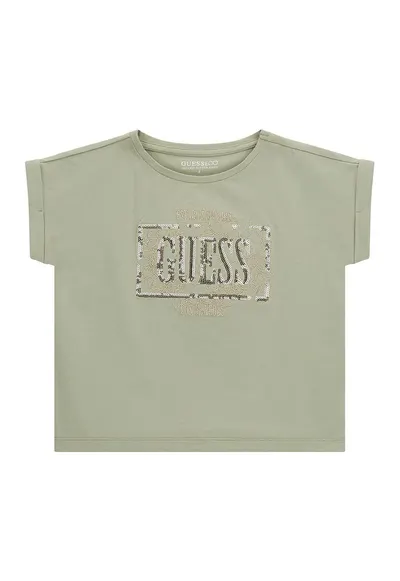 Tricou din amestec de bumbac cu aplicatii cu paiete - Auriu/Verde pal
