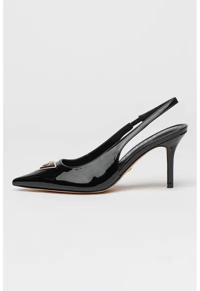 Pantofi slingback cu toc stiletto si aspect lacuit - Negru