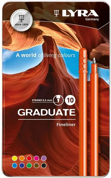 Set linere Lyra Graduate - 0.5 mm, 10 culori, într-o cutie de metal