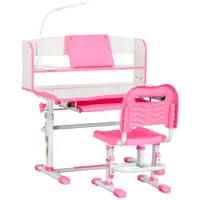 HOMCOM Birou Copii 6-12 Ani, Reglabile pe Înălțime cu Blat Înclinabil la 45°, cu Bancă și Scaun, 80x54,5x82-104 cm, Roz | Aosom Romania