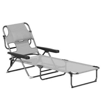 Outsunny Șezlong Pliabil Spătar Reglabil Decupaj pentru Citit Pernă pentru Cap și Brațe Sarcină 120 kg 145x72x89 cm Gri închis | Aosom Romania