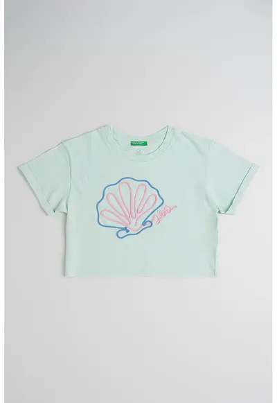 Tricou din bumbac cu broderie - Roz/Albastru/Verde menta