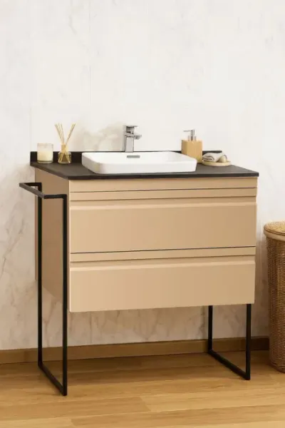 Set Baza front MDF si Lavoar seria 633, cu sertare, cardu metalic, montat, 80 cm, cappuccino