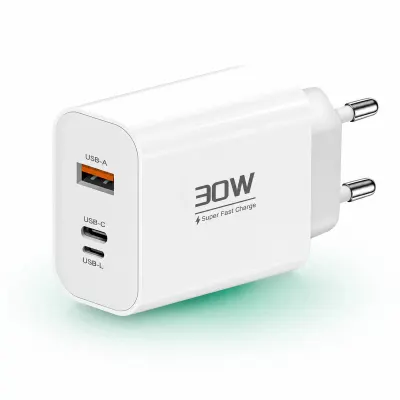 Incarcator Retea Timebox, 3 Porturi, 30W, 1 x Type-C, 1 x USB, Alb - Default Title