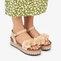 Sandale Dama din Textil cu Model din Flori si Strasuri Crl1019 Culoare: Bej