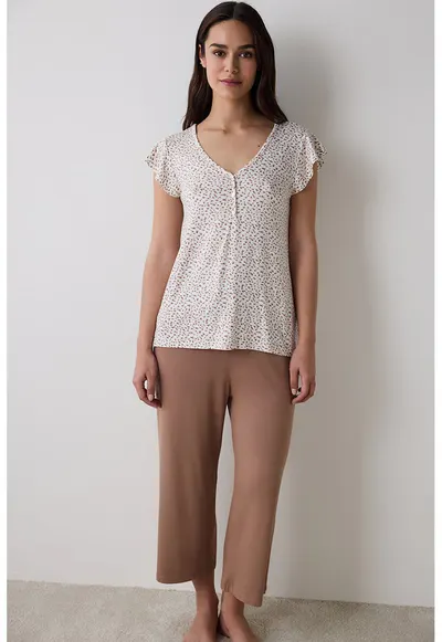 Pijama relaxed fit cu animal print - Alb/Maro