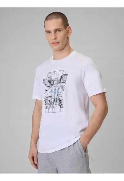 Tricou barbat alb din bumbac - imprimeu distinctiv - croiala regulara - sezon primavara-vara
