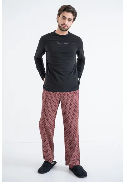 Pijama lejera de bumbac cu logo brodat pe piept - Visiniu/Negru