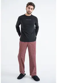 Pijama lejera de bumbac cu logo brodat pe piept - Visiniu/Negru
