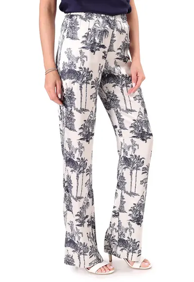 Pantaloni lejeri din satin de viscoza imprimata PBS-NCB - Bleumarin