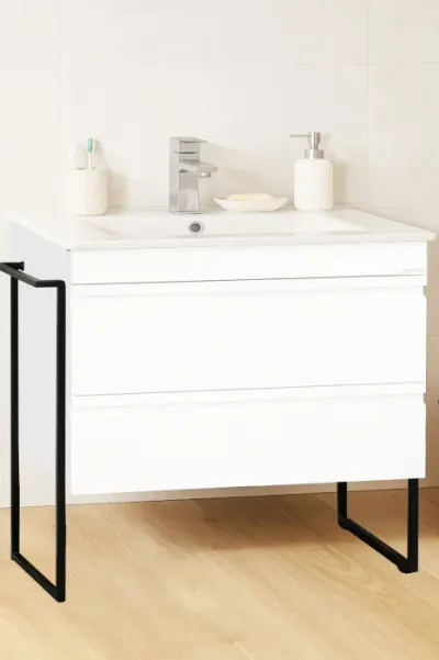 Set Baza front MDF si Lavoar seria 086, cadru metalic, sertare, montata, 80 cm, alb