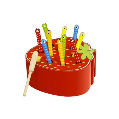 Joc interactiv prinderea viermilor din capsuna, agatatoare magnetica, 10 viermi inclusi, lemn