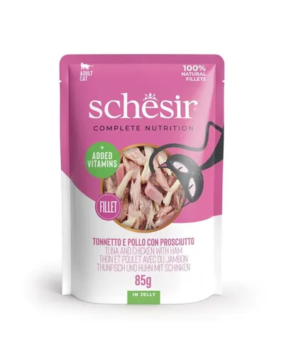 SCHESIR Jelly Adult cu ton, pui și șuncă în aspic 85 g hrană pisici adulte