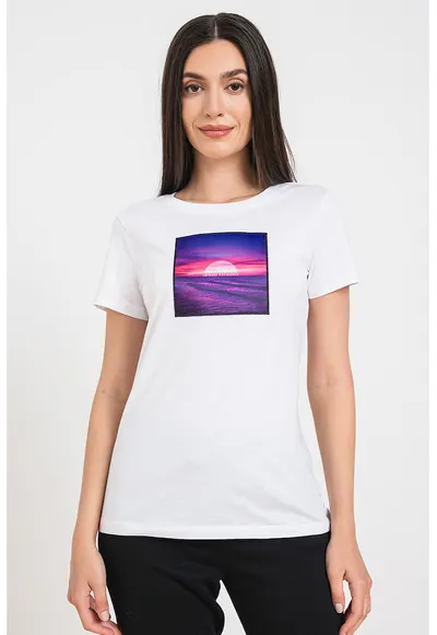 Tricou cu decolteu la baza gatului si imprimeu foto - Alb optic