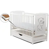 Patut din lemn bebe, 120x60 cm, Cu sertar cu capac, Din lemn de pin si mdf, Stabil si rezistent, Inaltime saltea reglabila pe 3 nivele, Laterala cu 3 bete detasabile, EN716-1, EN716-2, Alb, Babyneeds, Timmi + Saltea 8 cm