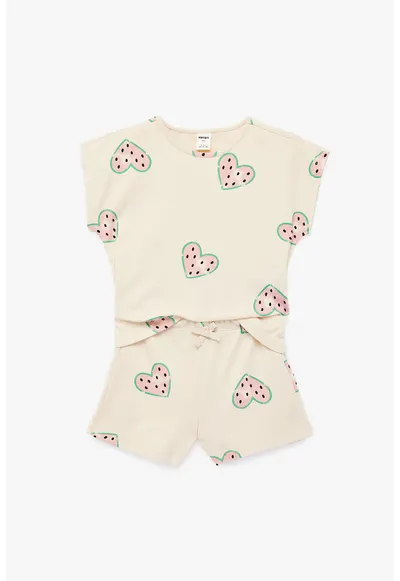 Set de tricou cu imprimeu cu inimi si pantaloni scurti - Roz pastel/Verde pal/Bej deschis