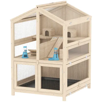 PawHut Cușcă pentru Hamsteri din Lemn cu 3 Niveluri cu Adăpătoare, Căsuțe, Leagăne, Tavă Detașabilă și Capace Rabatabile Natural | Aosom Romania