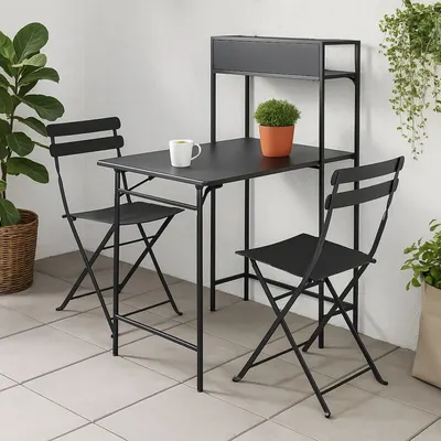 Set masă și 2 scaune pliabile cu etajeră metalică, design compact, 100×60×140 cm, ideal pentru balcon sau bucătărie