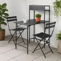 Set masă și 2 scaune pliabile cu etajeră metalică, design compact, 100×60×140 cm, ideal pentru balcon sau bucătărie