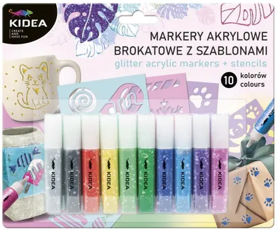Kidea Shiny Markers Set - Acrilic, 10 culori, cu șabloane