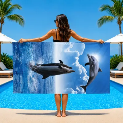 Prosop de Plajă cu Delfini în Ocean 90x170 cm – Prosop Mare din Microfibră cu Design Marin