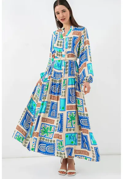 Rochie decolteu in V - albastru - viscoza - maneca lunga