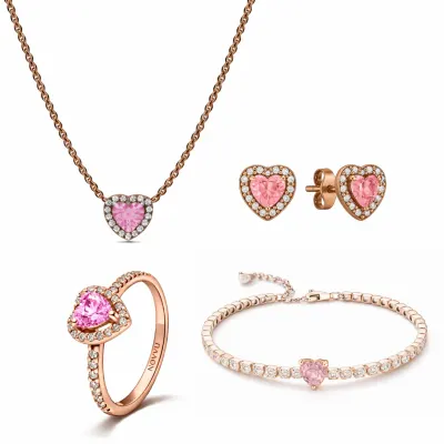 Set bijuterii Inel,Cercei,Bratara si Colier Rose Pink Heart Silver Cu Argint