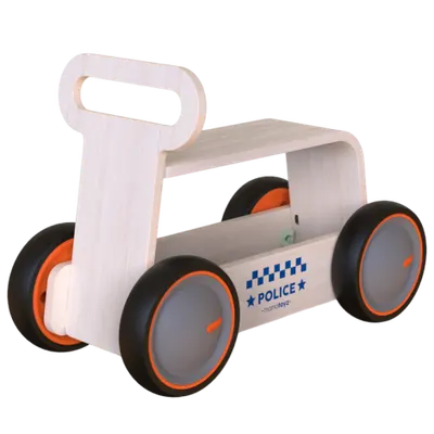 Jucarie din lemn 3 in 1 Politie DriveMe Wood: masinuta ride-on, premergator si carucior de jucarii MamaToyz