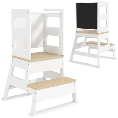 AIYAPLAY Turn de Învățare pentru Copii 3-6 Ani cu Tablă și Balustradă de Siguranță, 55x52,5x87,5 cm, Alb | Aosom Romania