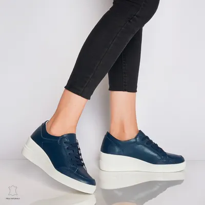 Pantofi casual de dama din piele naturala cu talpa plata CRL0034 Bleumarin