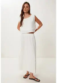 Set Coordonat Femei - Happiness Istanbul - Bluza fara Maneci si Fusta Larga - Ivory Natural - Bumbac