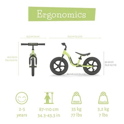 Bicicleta de echilibru Chillafish Charlie Sport Pistachio 12 inch reglabila, ghidon din spuma, suport picioare, greutate admisa 35 kg