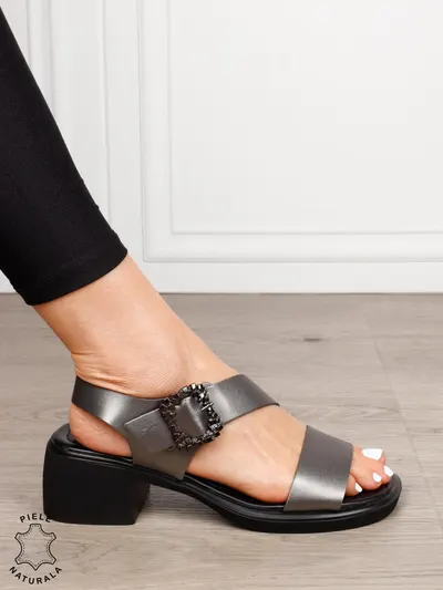 SANDALE Dama Piele Naturala cu toc patrat gros CRL1601 Pewter