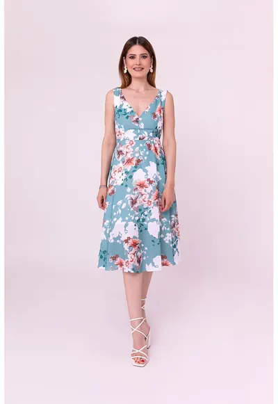 Rochie midi Morning Petals - Alb/Albastru lavanda