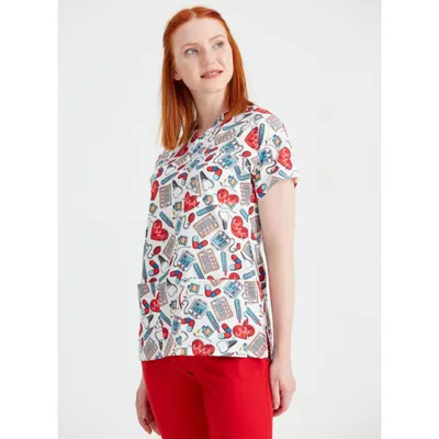Bluza medicala alba cu imprimeu, Model Inimi Light - XS