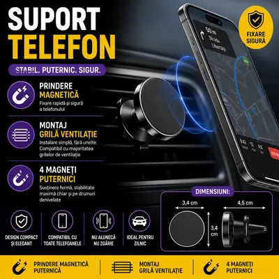 Suport auto magnetic pentru telefon, Reglabil 90°, Prindere aeroterma, Rotire 360 grade, 4.5 x 3.4 x 3.4 cm