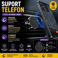 Suport auto magnetic pentru telefon, Reglabil 90°, Prindere aeroterma, Rotire 360 grade, 4.5 x 3.4 x 3.4 cm