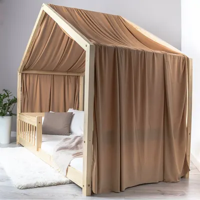 Pat pentru copii montessori tip casuta, LittleAmy, Cozi Cottage, balustrade cu bare rotunde, Natur, 80 x 160 cm