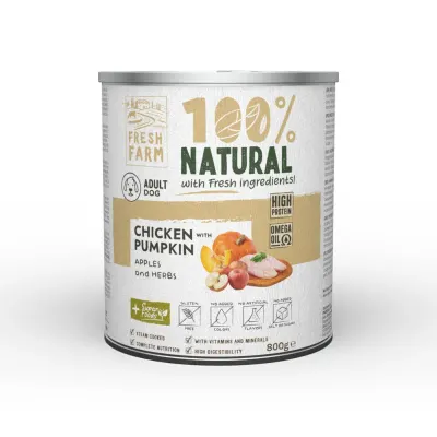 FRESH FARM Coarse, XS-XL, Pui și dovleac, conservă hrană umedă fără cereale câini, (pate), 800g