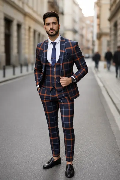 Costum barbati slim fit bleumarin in carouri B7956 92-5