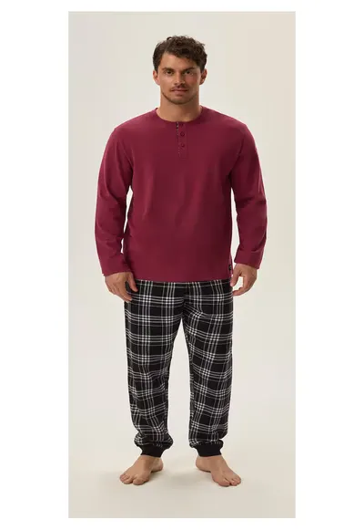 Pijama barbati Honor - bumbac - zmeura si negru - maneca lunga - set bluza si pantaloni