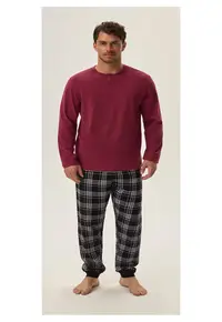 Pijama barbati Honor - bumbac - zmeura si negru - maneca lunga - set bluza si pantaloni
