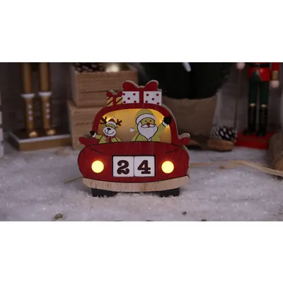 Calendar LED Craciun cu cuburi maSina, din lemn, cu baterii Timer 6+18h,5LED, 3000K, 2xAAA
