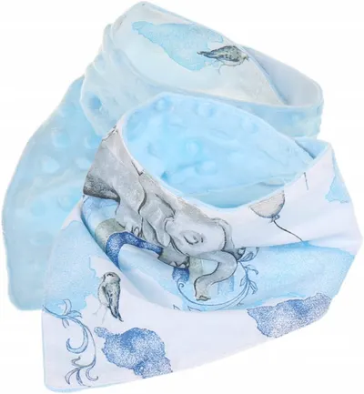 Esarfa moale pentru copii BabyMam, forma triunghiulara, sistem de prindere reglabil cu velcro moale, design 2-in-1 cu o fata din bumbac si una din minky blue