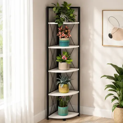 Suport de Colt pentru Plante cu 5 Rafturi, Cadru Metalic, 34 x 160 cm