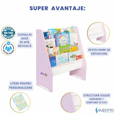Raft de carti pentru copii Suporto Roz din lemn MDF, organizator cu etajere din textil pentru depozitare jucarii, carti si caiete, 71.5 x 62 x 30 cm