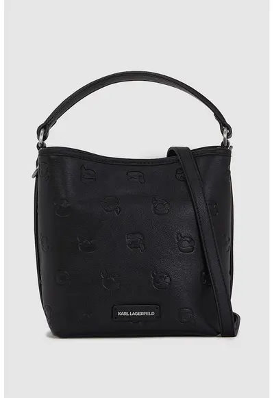 Geanta shopper cu model monograma si bareta detasabila - Negru