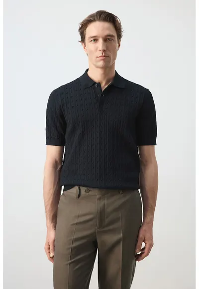 Tricou polo din bumbac cu design torsade - Verde padure